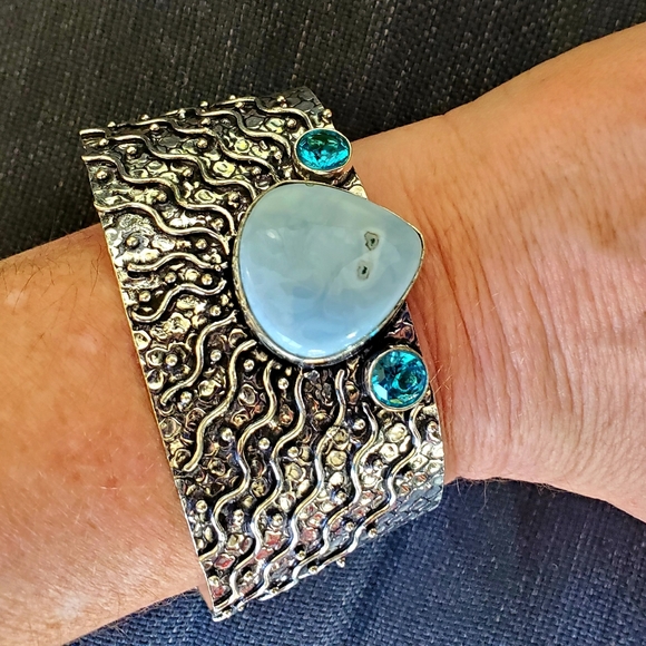 New Owyhee Opal and Blue Topaz 925 Silver Cuff Bracelet. - Picture 10 of 16